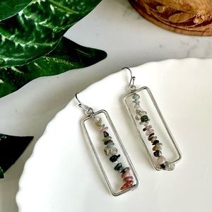 Stacked Stone Bead Earrings Silver Rectangle Wire Dangle Boho Hippie Bohemian